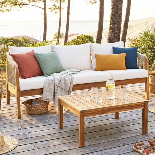 Canapé de jardin 3 places en bois FSC - coussins beiges - Symi