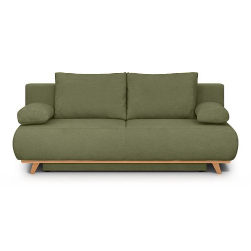 Canapé convertible 3 places avec coffre de rangement en tissu chenille vert olive - Laria