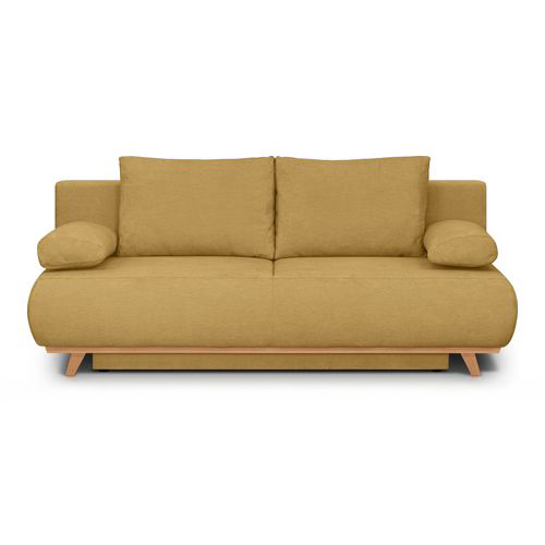 Canapé convertible 3 places avec coffre de rangement en tissu chenille jaune moutarde - Laria