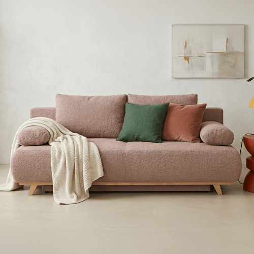 Canapé convertible 3 places avec coffre de rangement en tissu bouclé rose poudré - Laria