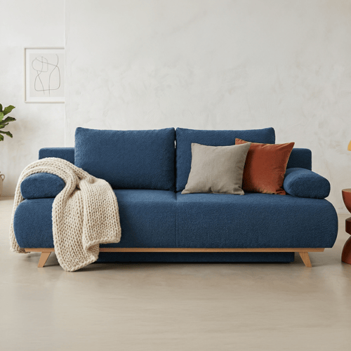 Canapé convertible 3 places avec coffre de rangement en tissu bouclé bleu foncé - Laria