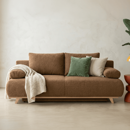 Canapé convertible 3 places avec coffre de rangement en tissu bouclé rouille - Laria