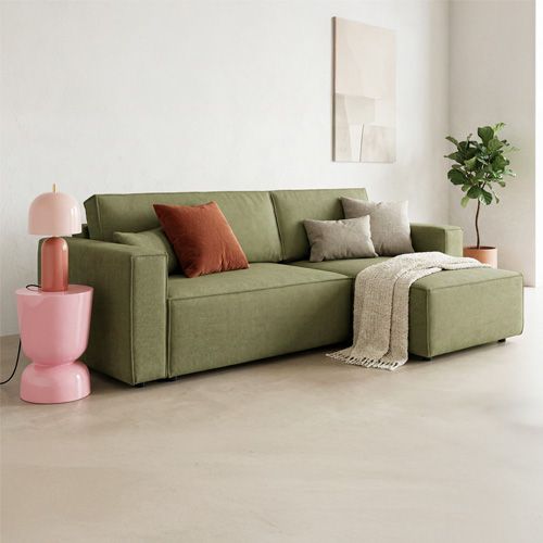 Canapé d'angle convertible réversible 4 places avec coffre de rangement en tissu chenille vert olive - Livia