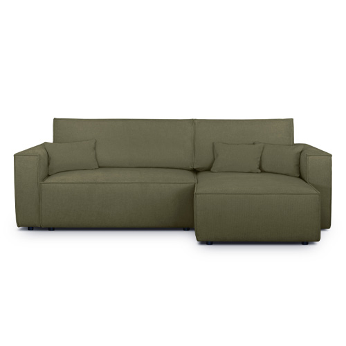 Canapé d'angle convertible réversible 4 places avec coffre de rangement en tissu chenille vert kaki - Livia