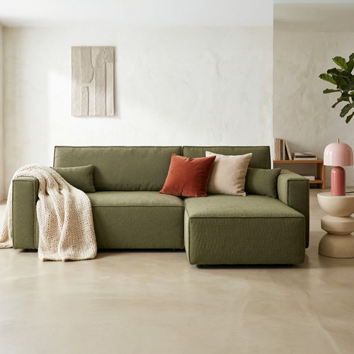 Canapé d'angle convertible réversible 4 places avec coffre de rangement en tissu chenille vert kaki - Livia