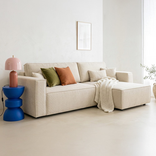 Canapé d'angle convertible réversible 4 places avec coffre de rangement en tissu chenille beige foncé - Livia