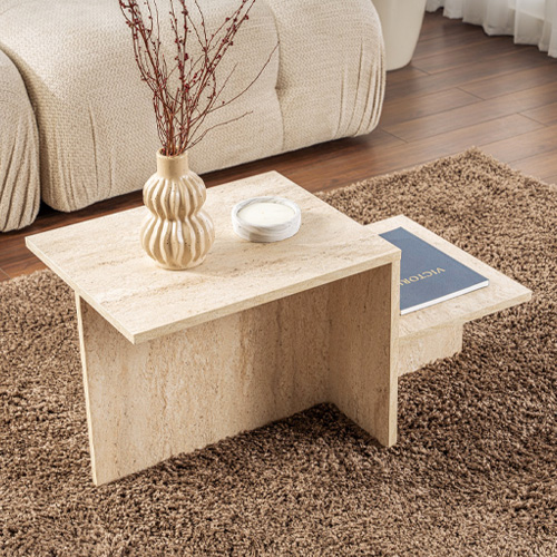 Table basse rectangulaire 2 niveaux effet travertin 80 cm - Calys