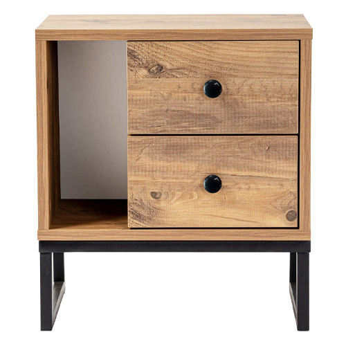 Table de chevet 2 tiroirs effet bois et piètement noir 45 cm - Lior