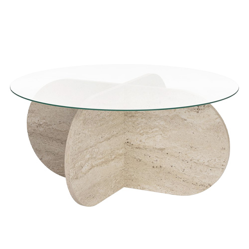 Table basse ronde en verre et effet travertin Ø75 cm - Eolia