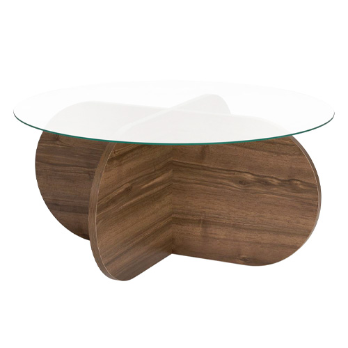 Table basse ronde effet Noyer et verre Ø75 cm - Eolia
