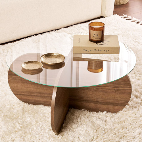 Table basse ronde effet Noyer et verre Ø75 cm - Eolia