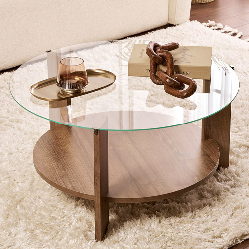 Table basse ronde effet Noyer et verre Ø75 cm - Elora