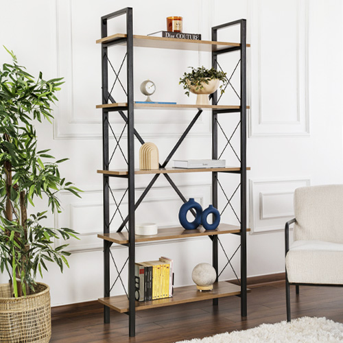 Etagère 5 niveaux effet Noyer et piètement noir 90 cm - Lunea