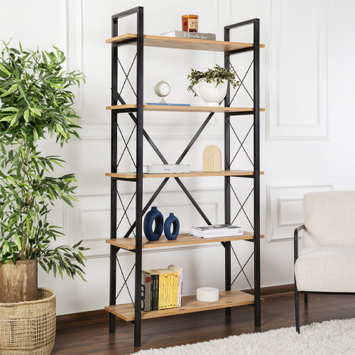 Etagère 5 niveaux effet bois et piètement noir 90 cm - Lunea