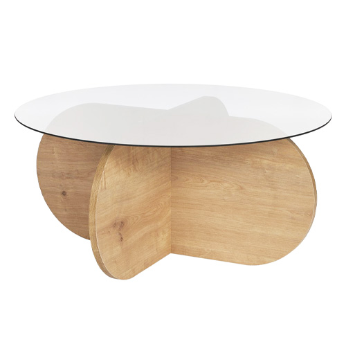 Table basse ronde effet Chêne et verre fumé Ø75 cm - Eolia