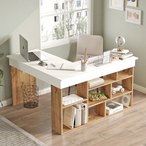Bureau d'angle blanc, piètement et rangements effet bois 120x120 cm - Elyra