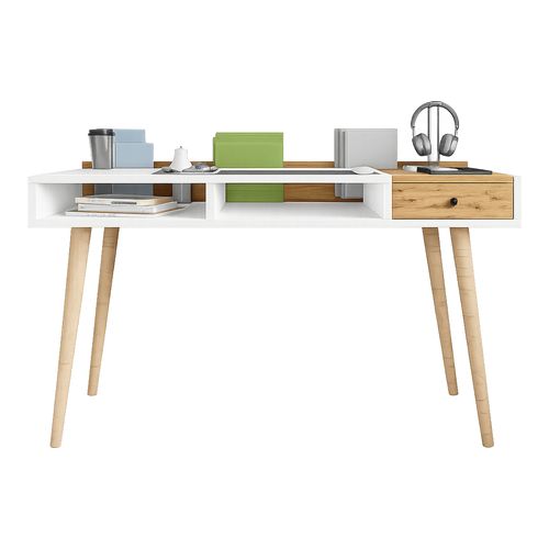 Bureau 1 tiroir 3 niches blanc & effet Chêne 120 cm - Braga