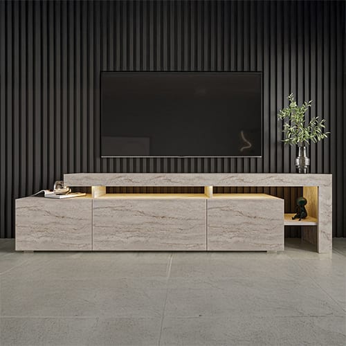 Meuble TV LED 3 portes effet travertin 192 cm - Ilia