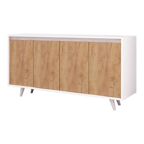 Buffet 4 portes blanc & effet chêne 140 cm - Corin