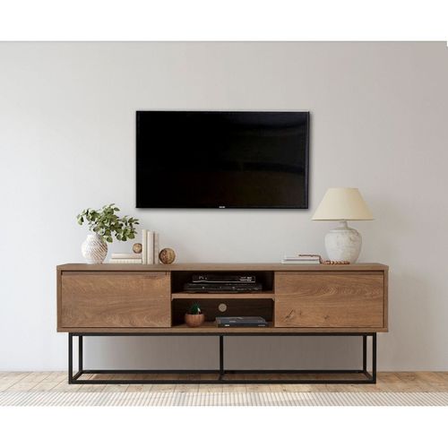 Meuble TV 2 tiroirs 2 niches effet noyer 140 cm - Nerio