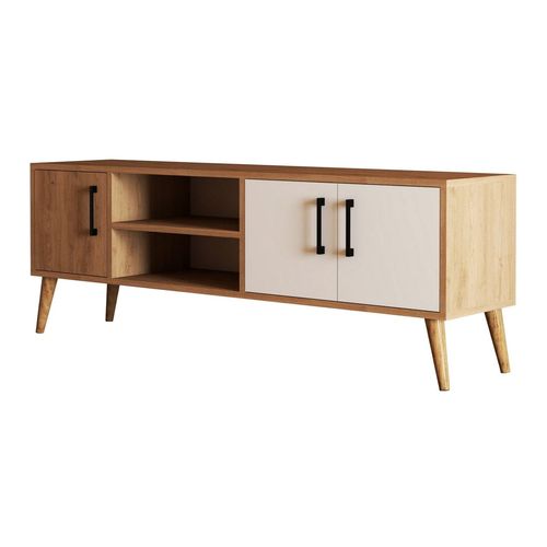 Meuble TV 3 portes 2 niches effet chêne & blanc 150 cm - Porto