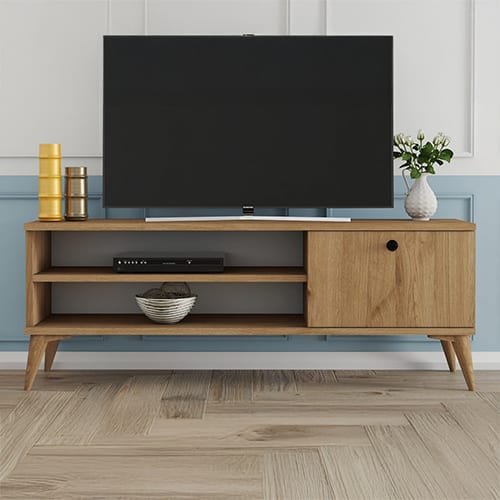 Meuble TV 1 porte 2 niches effet Chêne 120 cm - Saren