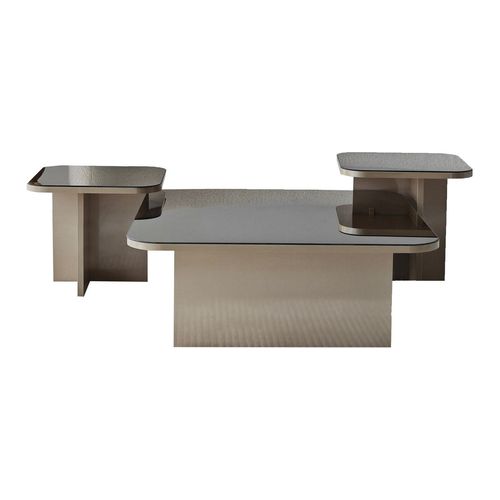 Lot de 3 tables basses gigognes carrées beige et verre fumé - Elda