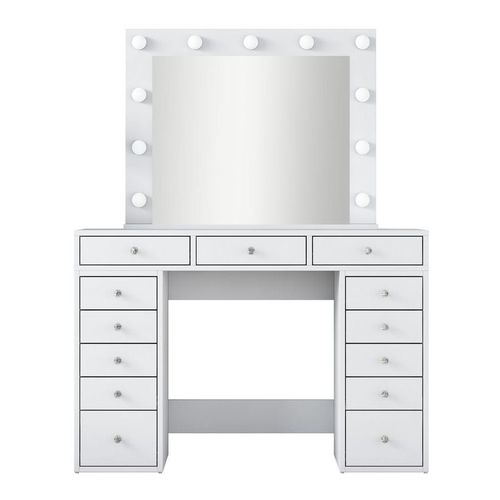 Coiffeuse 13 tiroirs blanche avec miroir lumineux 120 cm - Arezzo