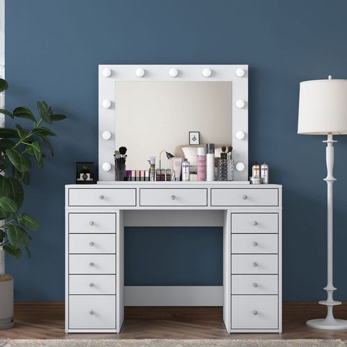 Coiffeuse 13 tiroirs blanche avec miroir lumineux 120 cm - Arezzo