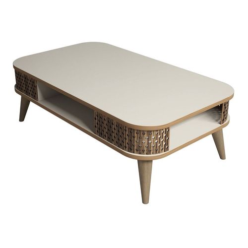 Table basse avec niche de rangement beige & effet Chêne 105 cm - Etta
