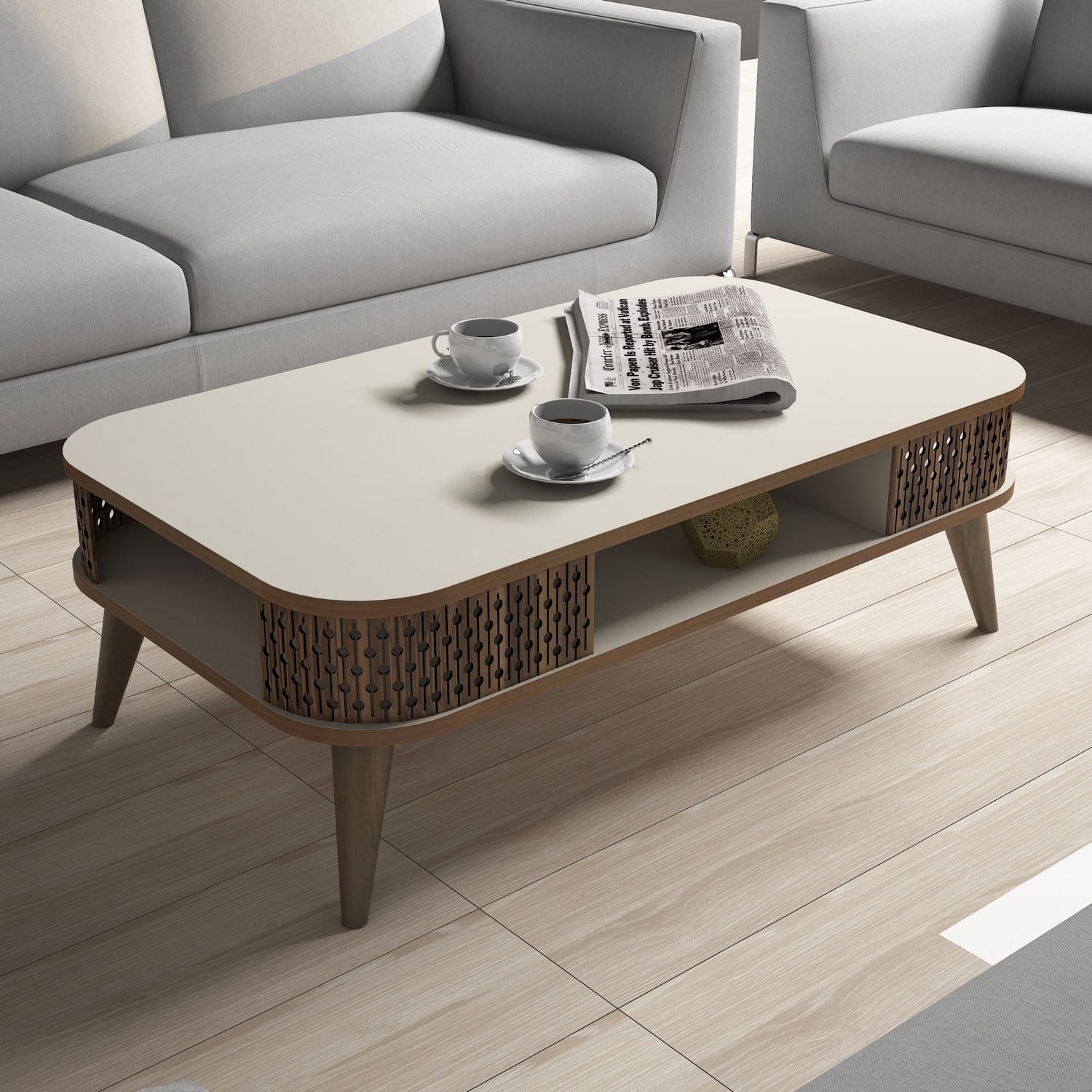 Table basse avec niche de rangement beige & effet Chêne 105 cm - Etta