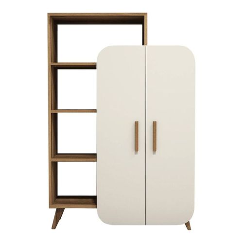 Bibliothèque 2 portes 4 niches bicolore blanc et effet Noyer 90 cm - Zia
