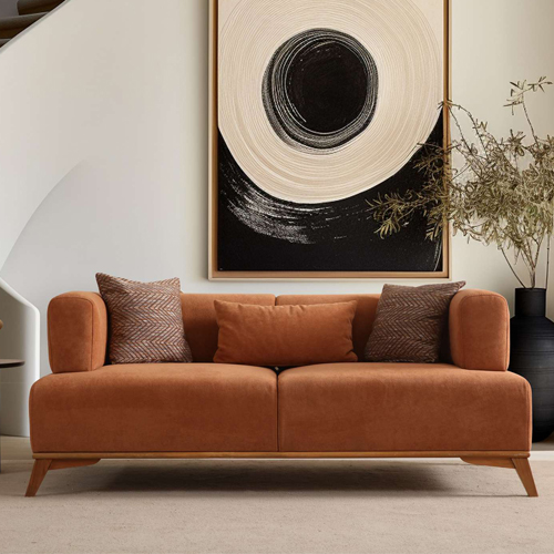 Canapé droit 2 places en tissu rouille, piètement marron - Tano