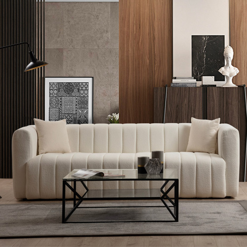 Canapé capitonné 3 places en tissu teddy beige - Cala