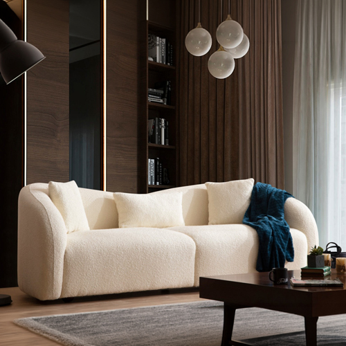 Canapé arrondi 3 places en tissu bouclé beige - Bruno