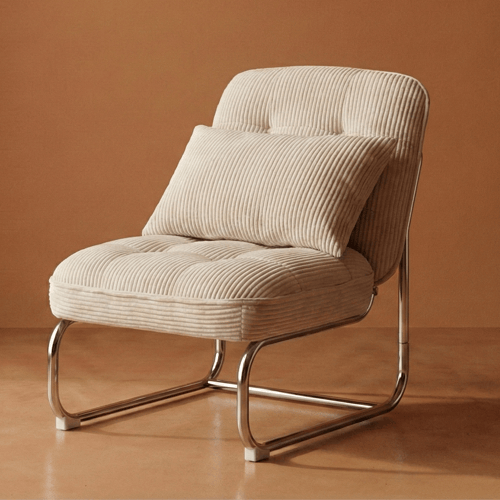 Fauteuil en velours côtelé beige, piètement chromé - Marvin