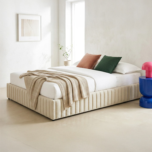 Lit coffre adulte 140x190 cm en tissu chenille beige - Balto