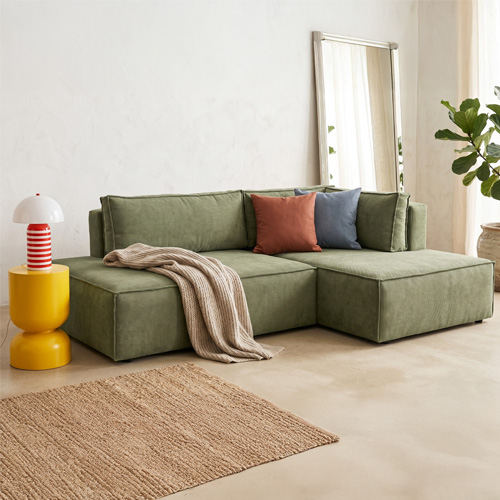 Canapé d'angle à droite convertible 3 places avec coffre en tissu chenille vert olive - Barani