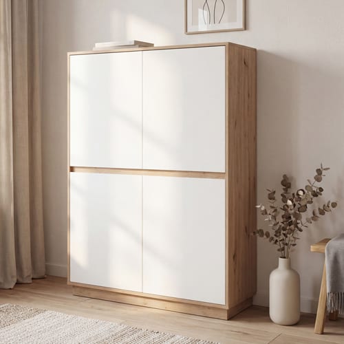 Buffet 4 portes effet Chêne et blanc brillant 101 cm - Nalen