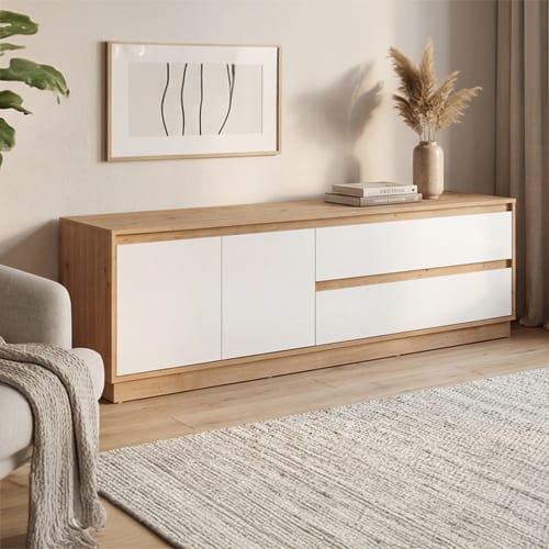 Meuble TV 2 portes 2 tiroirs effet Chêne et blanc brillant 172 cm - Nalen