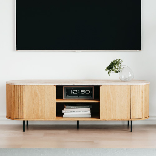 Meuble TV 2 portes 2 niches effet Chêne et Travertin 140 cm - Juna