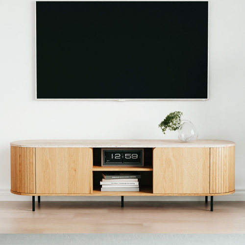 Meuble TV 2 portes 2 niches effet Chêne et Travertin 160 cm - Juna