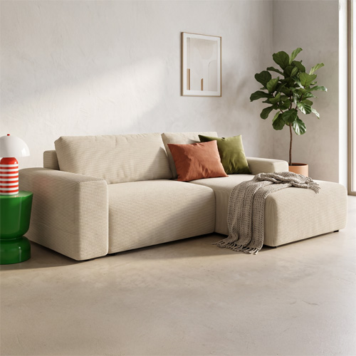 Canapé d'angle réversible convertible 5 places en velours côtelé beige - Luno