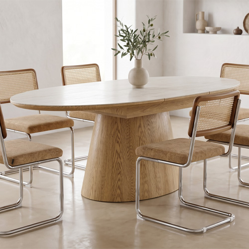 Table à manger extensible en chêne clair et céramique effet Travertin 6 à 8 personnes 170/220 cm - Ora