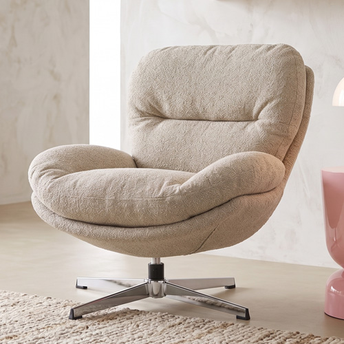 Fauteuil pivotant en tissu bouclé taupe et piètement chromé - Oli