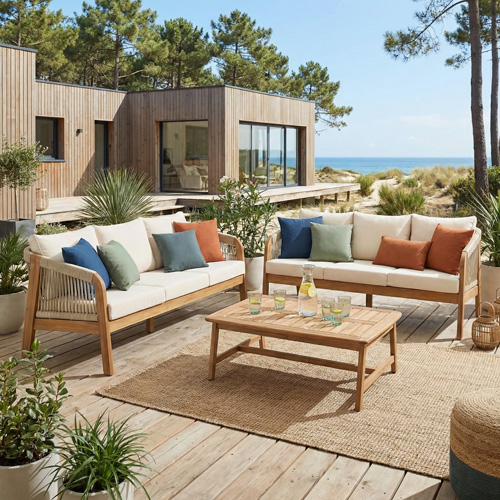 Salon de jardin 6 places en bois FSC - 2 canapes 3 pl. et table basse - beige - Symi