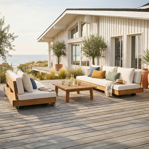 Salon de jardin 5 places en bois FSC - Canapé 2 pl. et Canapé 3 pl. - beige - Capri