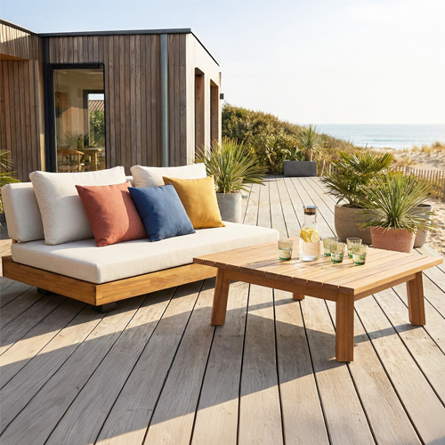 Salon de jardin 2 places en bois FSC- Canapé 2 pl. et table basse - beige - Capri