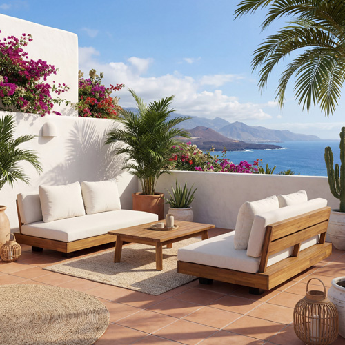 Salon de jardin 4 places en bois FSC - 2 Canapés 2 pl. et table basse - beige - Capri