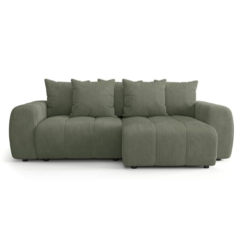 Canapé d'angle convertible réversible 4 places avec coffre de rangement en velours côtelé vert kaki - Rivoli